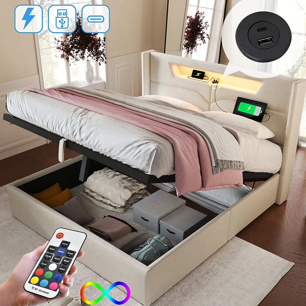 Lit coffre 160 x 200 cm - Lit double avec USB Type-C et LED - Lin - Sans Matelas - Beige>Okwish Discount