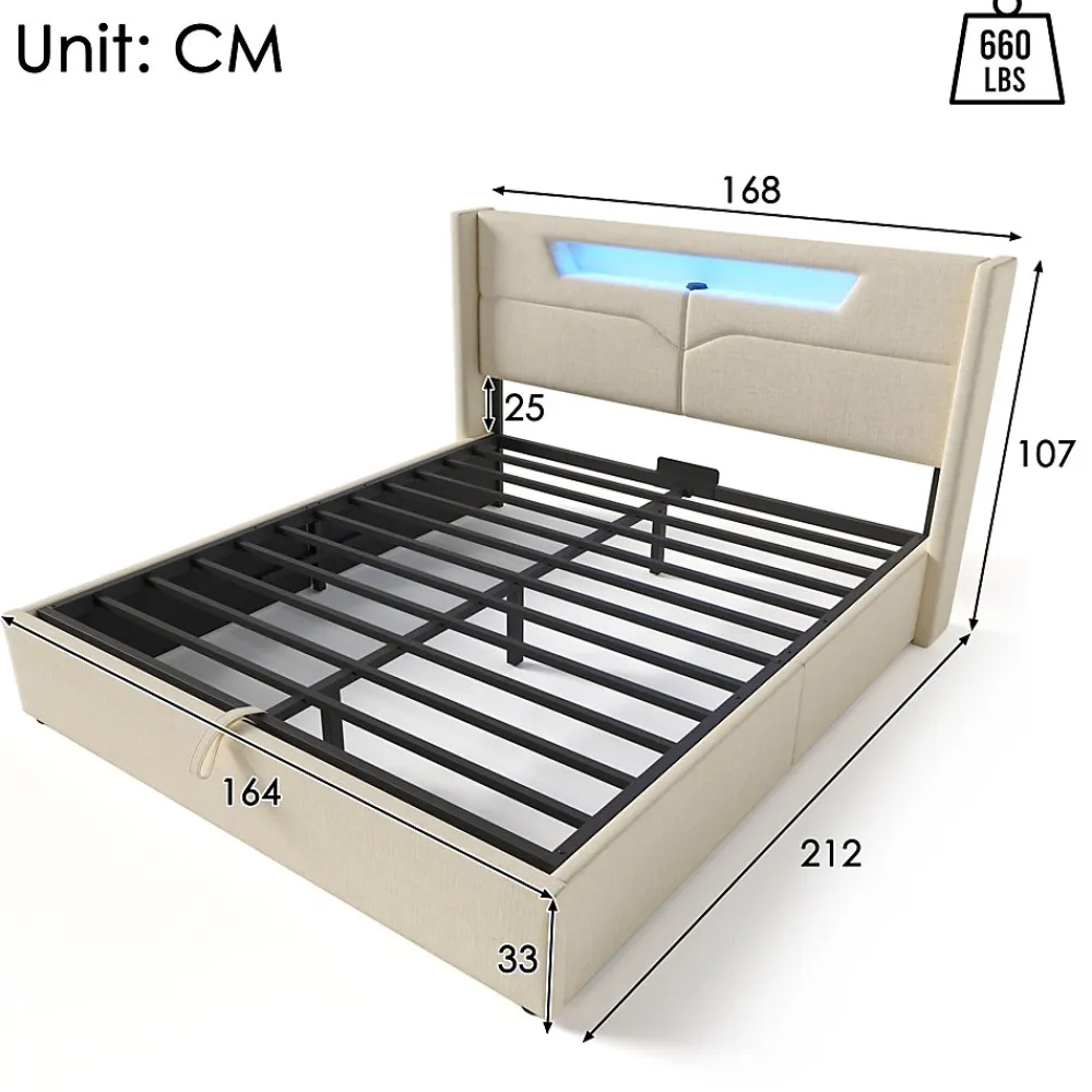 Lit coffre 160 x 200 cm - Lit double avec USB Type-C et LED - Lin - Sans Matelas - Beige>Okwish Discount