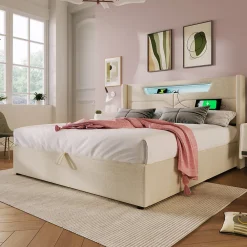Lit coffre 160 x 200 cm - Lit double avec USB Type-C et LED - Lin - Sans Matelas - Beige><noscript><img width=