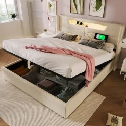 Lit coffre 160 x 200 cm - Lit double avec USB Type-C et LED - Lin - Sans Matelas - Beige><noscript><img width=