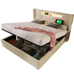 Lit coffre 160 x 200 cm - Lit double avec USB Type-C et LED - Lin - Sans Matelas - Beige><noscript><img width=