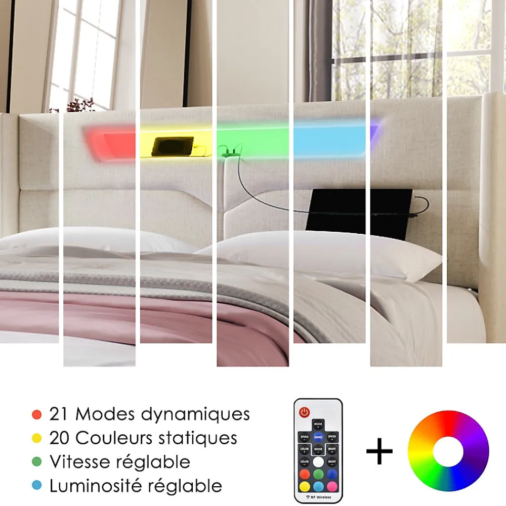 Lit coffre 160 x 200 cm - Lit double avec USB Type-C et LED - Lin - Sans Matelas - Beige>Okwish Discount