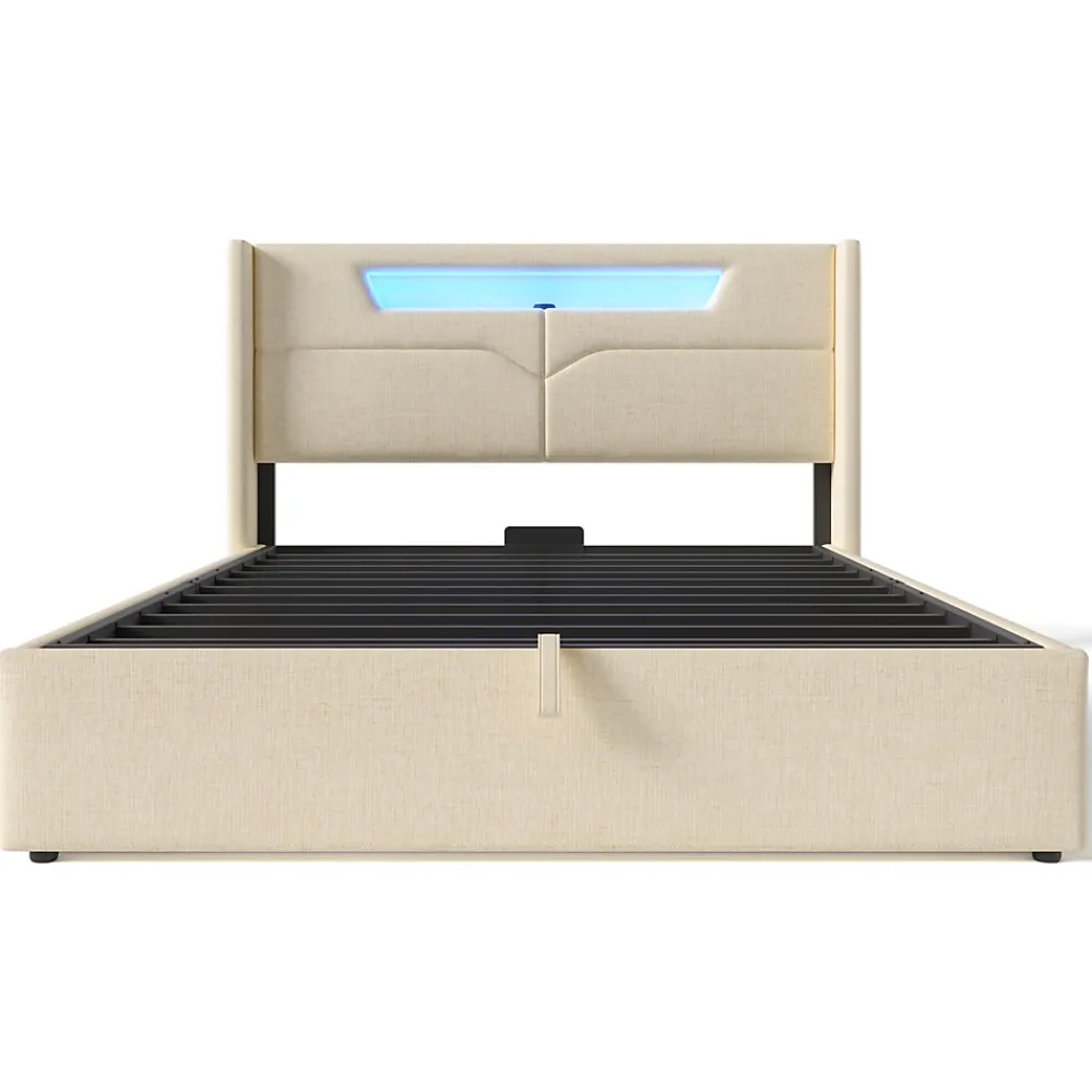 Lit coffre 160 x 200 cm - Lit double avec USB Type-C et LED - Lin - Sans Matelas - Beige>Okwish Discount