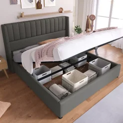 Generique Lit coffre 160 x 200 cm - Lit Double avec Sommier à Lattes - Lin Bois Métal - Sans Matelas - Gris* Lit Coffre