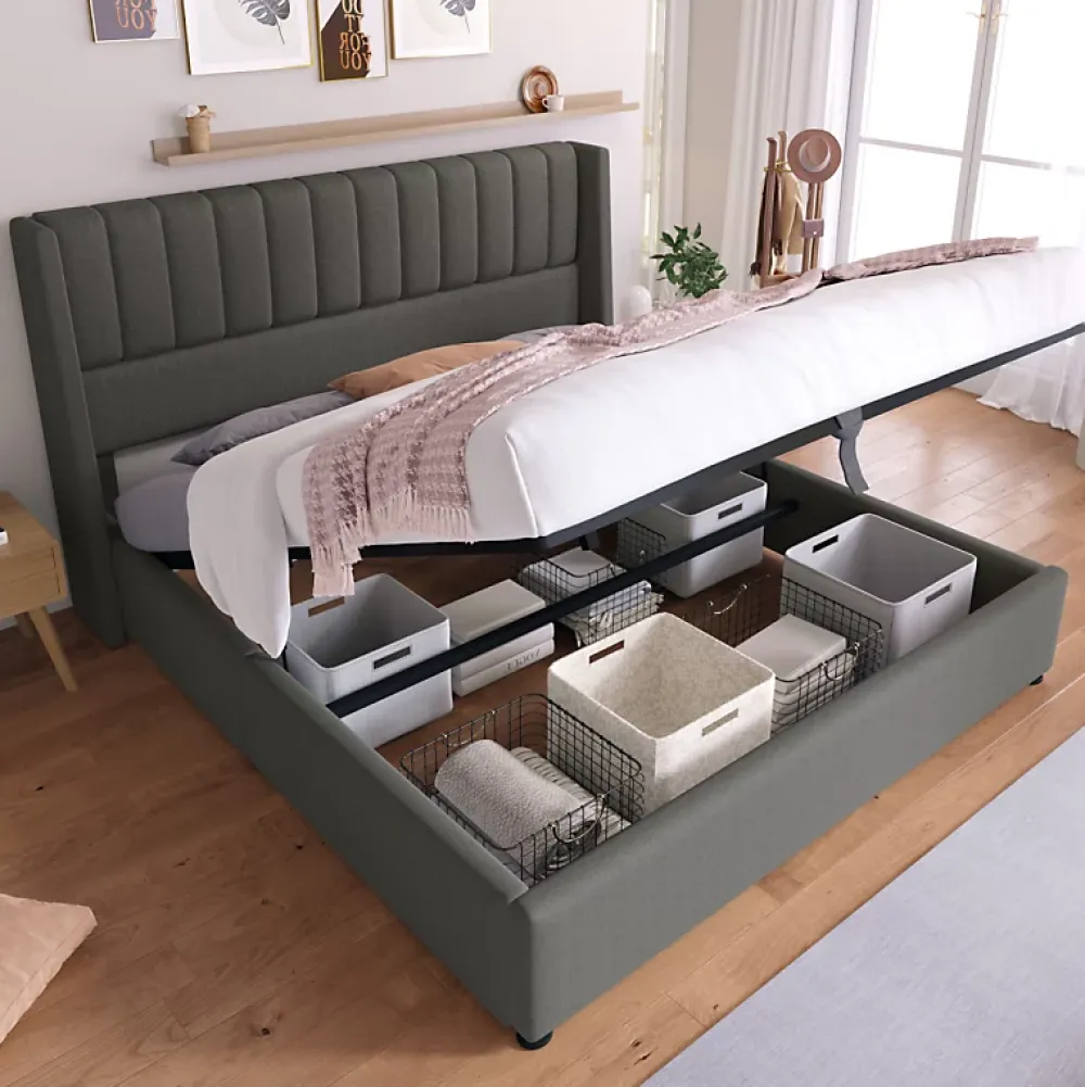 Generique Lit coffre 160 x 200 cm - Lit Double avec Sommier à Lattes - Lin Bois Métal - Sans Matelas - Gris* Lit Coffre