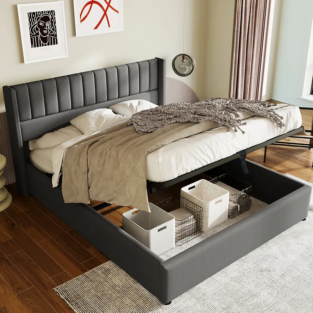 Generique Lit coffre 160 x 200 cm - Lit Double avec Sommier à Lattes - Lin Bois Métal - Sans Matelas - Gris* Lit Coffre