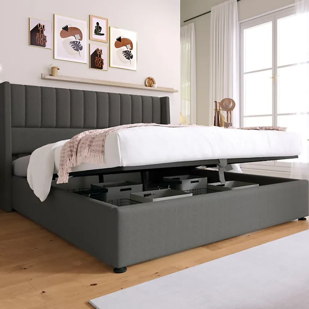 Generique Lit coffre 160 x 200 cm - Lit Double avec Sommier à Lattes - Lin Bois Métal - Sans Matelas - Gris* Lit Coffre