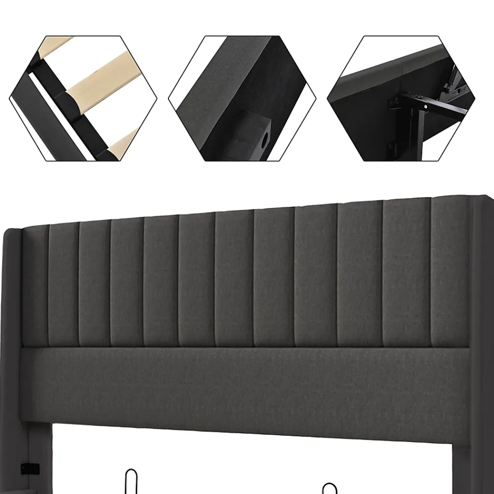 Generique Lit coffre 160 x 200 cm - Lit Double avec Sommier à Lattes - Lin Bois Métal - Sans Matelas - Gris* Lit Coffre