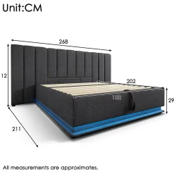 Okwish Lit Coffre 180 x 200 Cm - Lit Double Capitonné avec LED et Charge USB-C - Métal, Lin, Bois Massif - Sans Matelas - Gris* Lit Coffre