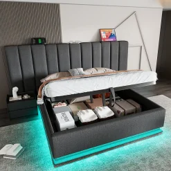 Okwish Lit Coffre 180 x 200 Cm - Lit Double Capitonné avec LED et Charge USB-C - Métal, Lin, Bois Massif - Sans Matelas - Gris* Lit Coffre