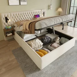 Lit coffre 180 x 200 cm - Lit rembourré avec 2 tables de chevet et lampe de lecture - Velours - Sans Matelas - Beige>Okwish