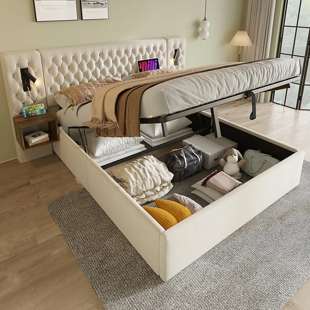 Lit coffre 180 x 200 cm - Lit rembourré avec 2 tables de chevet et lampe de lecture - Velours - Sans Matelas - Beige>Okwish