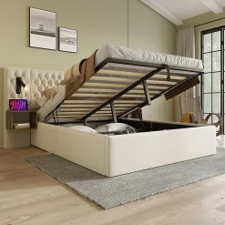 Lit coffre 180 x 200 cm - Lit rembourré avec 2 tables de chevet et lampe de lecture - Velours - Sans Matelas - Beige>Okwish