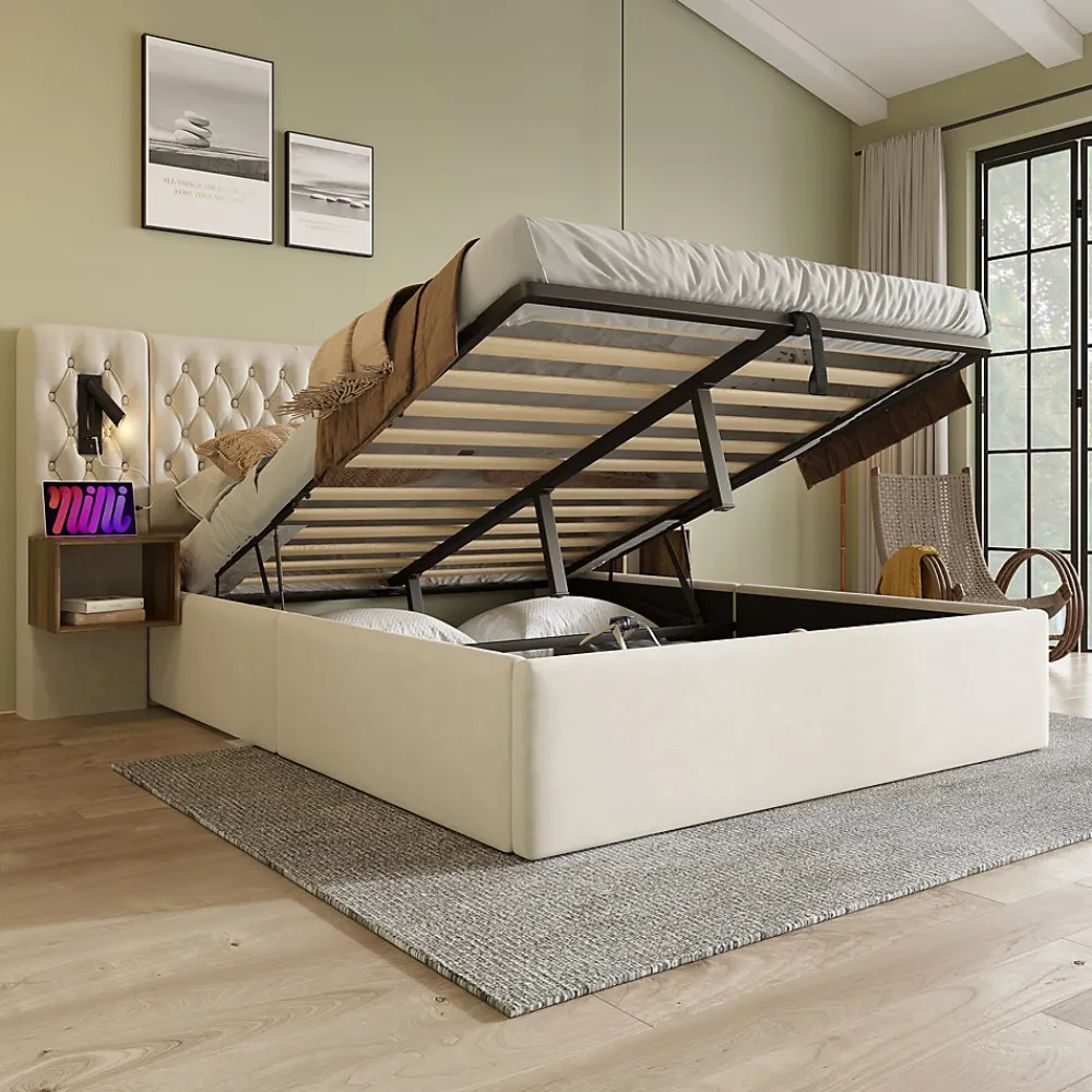 Lit coffre 180 x 200 cm - Lit rembourré avec 2 tables de chevet et lampe de lecture - Velours - Sans Matelas - Beige>Okwish