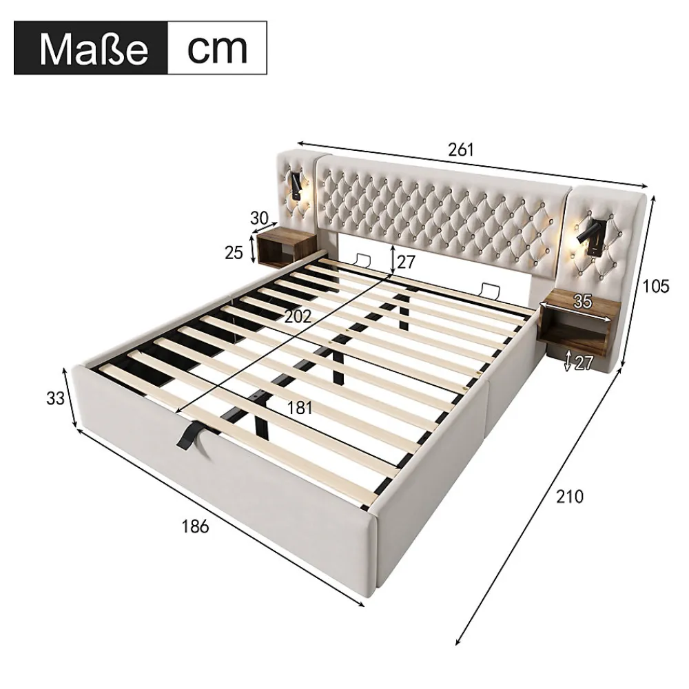 Lit coffre 180 x 200 cm - Lit rembourré avec 2 tables de chevet et lampe de lecture - Velours - Sans Matelas - Beige>Okwish