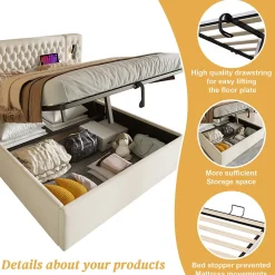 Lit coffre 180 x 200 cm - Lit rembourré avec 2 tables de chevet et lampe de lecture - Velours - Sans Matelas - Beige><noscript><img width=