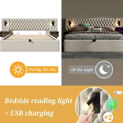 Lit coffre 180 x 200 cm - Lit rembourré avec 2 tables de chevet et lampe de lecture - Velours - Sans Matelas - Beige><noscript><img width=