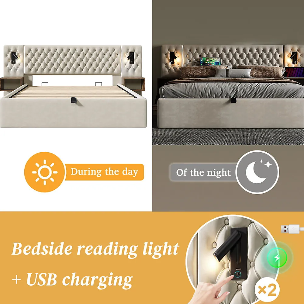 Lit coffre 180 x 200 cm - Lit rembourré avec 2 tables de chevet et lampe de lecture - Velours - Sans Matelas - Beige>Okwish