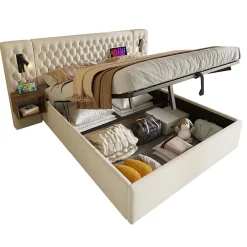 Lit coffre 180 x 200 cm - Lit rembourré avec 2 tables de chevet et lampe de lecture - Velours - Sans Matelas - Beige><noscript><img width=