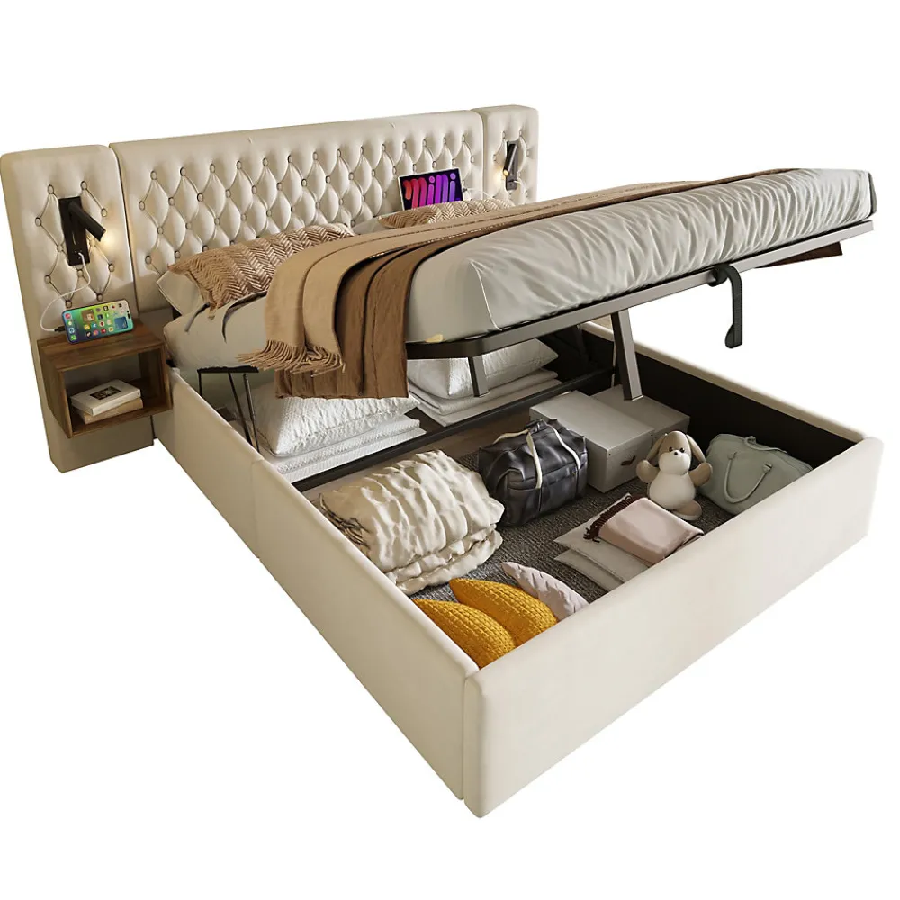Lit coffre 180 x 200 cm - Lit rembourré avec 2 tables de chevet et lampe de lecture - Velours - Sans Matelas - Beige>Okwish