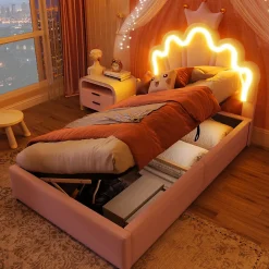 Lit Coffre 90 x 200 cm - Lit Simple Déco avec Mécanisme Hydraulique et LED, Tête de Lit Réglable - PU et MDF - Sans Matelas - Rose>Okwish