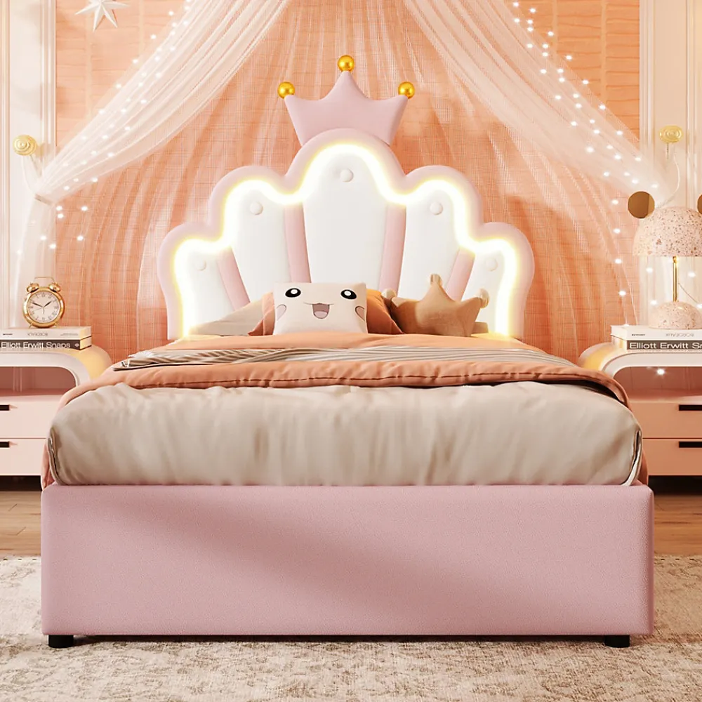 Lit Coffre 90 x 200 cm - Lit Simple Déco avec Mécanisme Hydraulique et LED, Tête de Lit Réglable - PU et MDF - Sans Matelas - Rose>Okwish