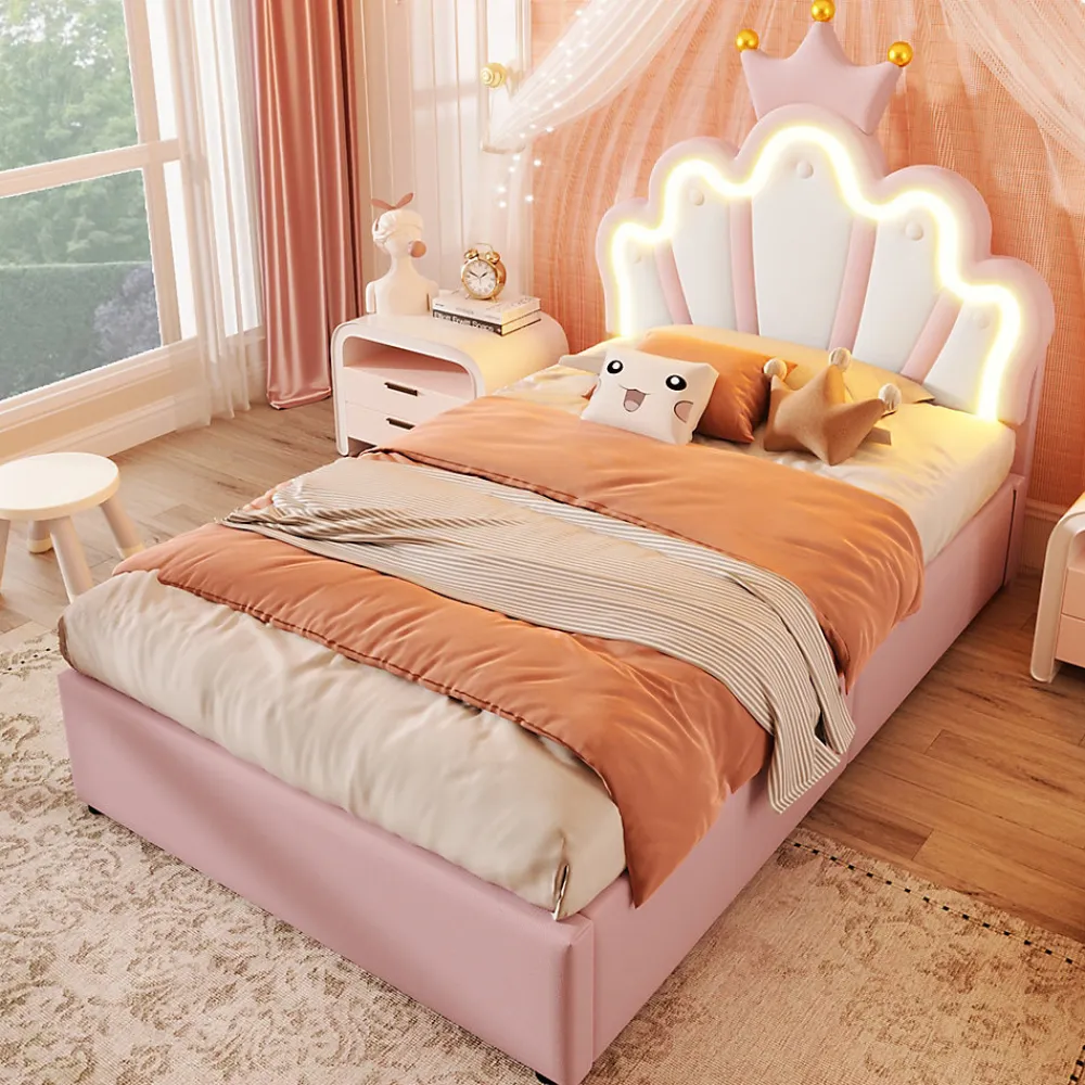 Lit Coffre 90 x 200 cm - Lit Simple Déco avec Mécanisme Hydraulique et LED, Tête de Lit Réglable - PU et MDF - Sans Matelas - Rose>Okwish