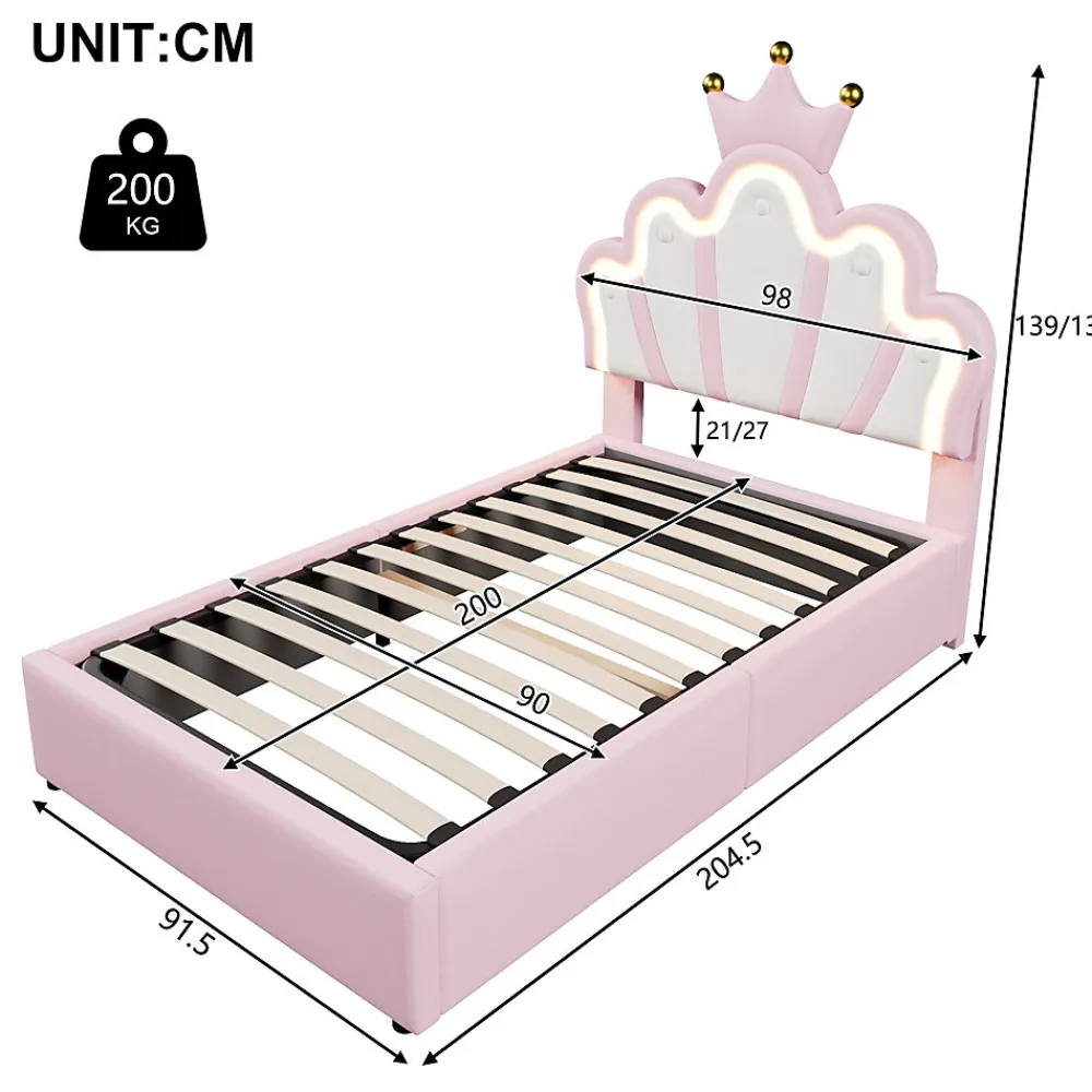 Lit Coffre 90 x 200 cm - Lit Simple Déco avec Mécanisme Hydraulique et LED, Tête de Lit Réglable - PU et MDF - Sans Matelas - Rose>Okwish
