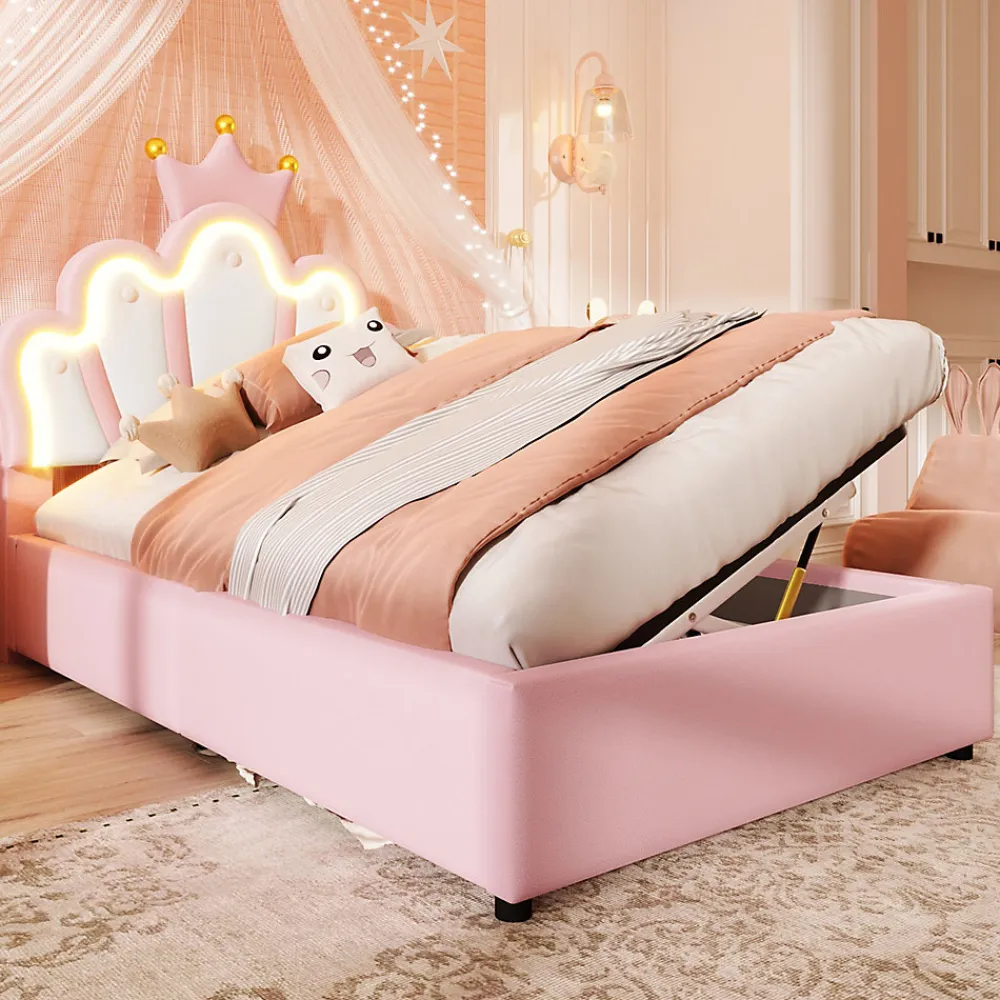 Lit Coffre 90 x 200 cm - Lit Simple Déco avec Mécanisme Hydraulique et LED, Tête de Lit Réglable - PU et MDF - Sans Matelas - Rose>Okwish
