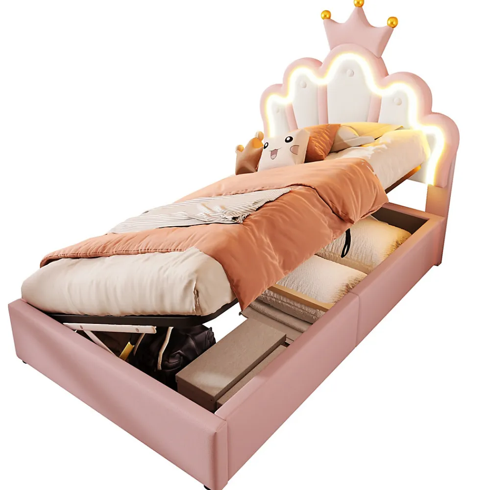 Lit Coffre 90 x 200 cm - Lit Simple Déco avec Mécanisme Hydraulique et LED, Tête de Lit Réglable - PU et MDF - Sans Matelas - Rose>Okwish