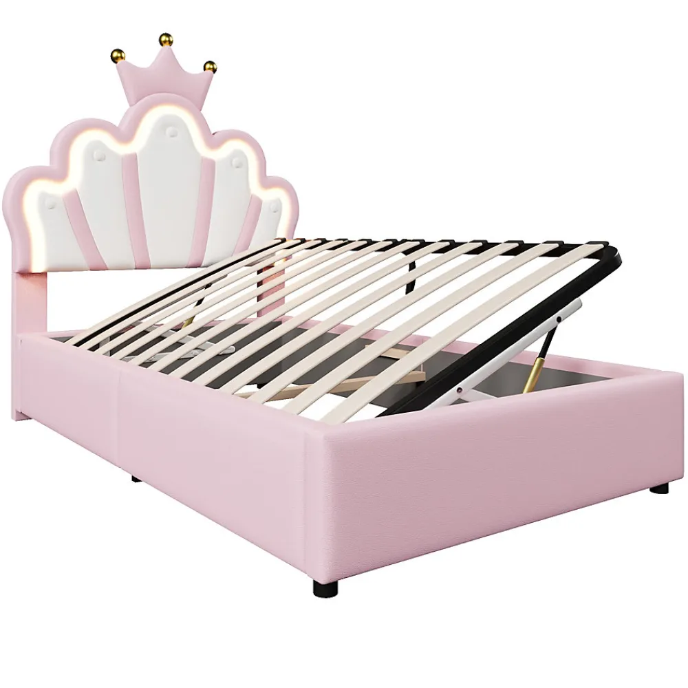 Lit Coffre 90 x 200 cm - Lit Simple Déco avec Mécanisme Hydraulique et LED, Tête de Lit Réglable - PU et MDF - Sans Matelas - Rose>Okwish