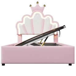Lit Coffre 90 x 200 cm - Lit Simple Déco avec Mécanisme Hydraulique et LED, Tête de Lit Réglable - PU et MDF - Sans Matelas - Rose><noscript><img width=