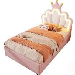 Lit Coffre 90 x 200 cm - Lit Simple Déco avec Mécanisme Hydraulique et LED, Tête de Lit Réglable - PU et MDF - Sans Matelas - Rose><noscript><img width=