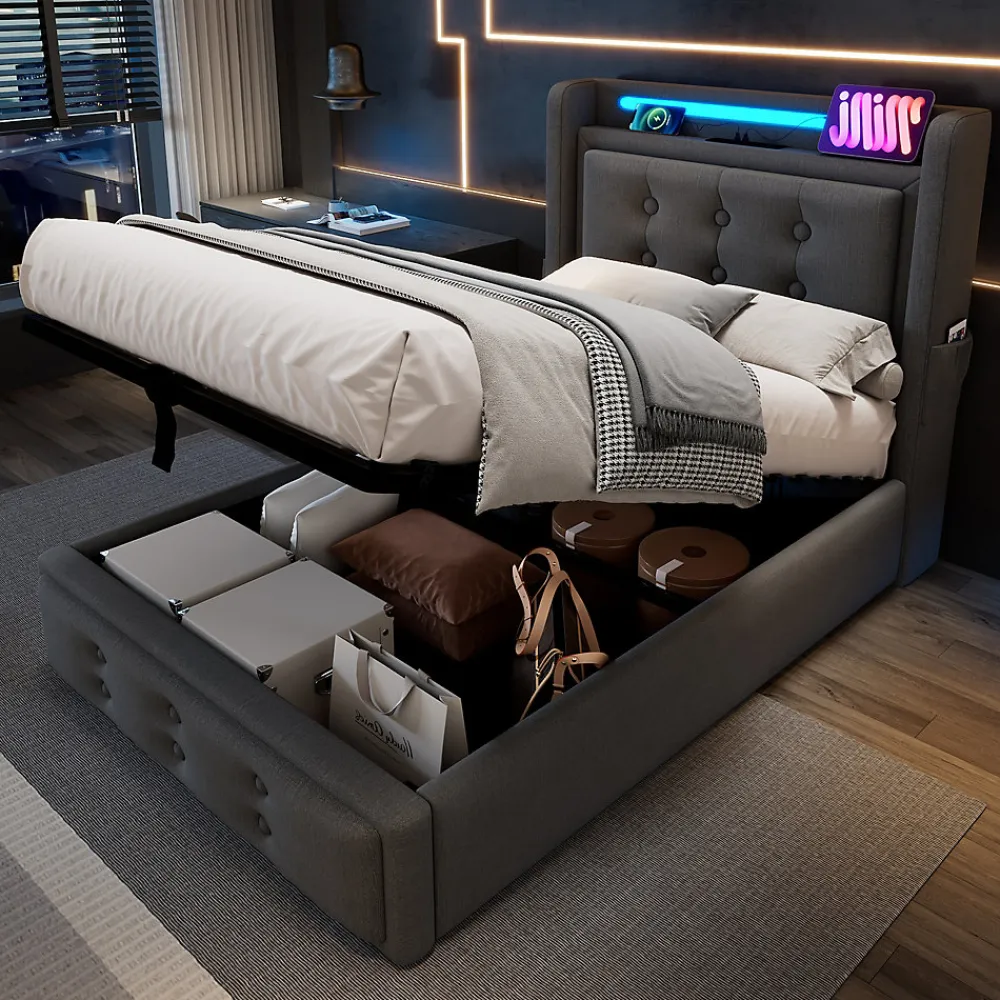Lit Coffre 90 x 200 Cm - Lit Simple avec Tête de Lit LED et Charge USB C - Bois, Coton, Métal - Sans Matelas - Gris>Okwish