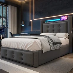 Lit Coffre 90 x 200 Cm - Lit Simple avec Tête de Lit LED et Charge USB C - Bois, Coton, Métal - Sans Matelas - Gris>Okwish