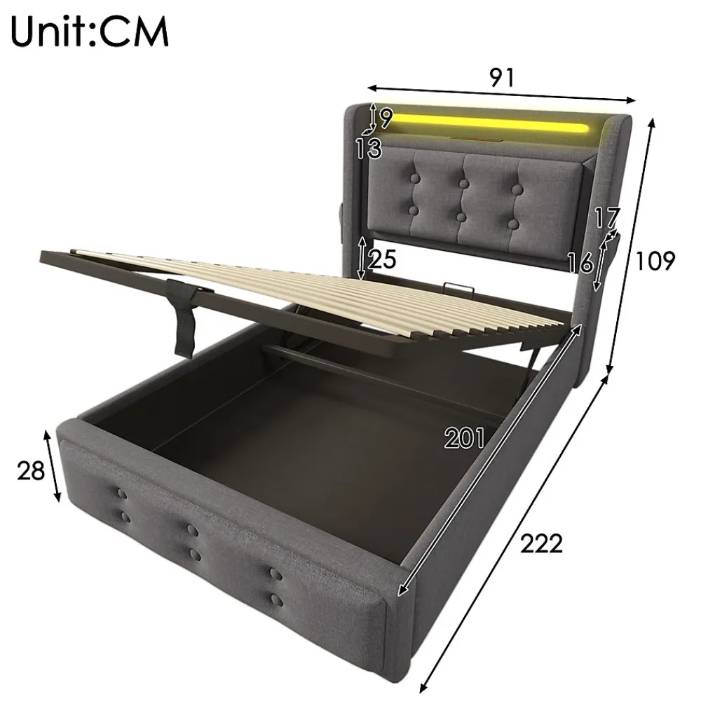 Lit Coffre 90 x 200 Cm - Lit Simple avec Tête de Lit LED et Charge USB C - Bois, Coton, Métal - Sans Matelas - Gris>Okwish
