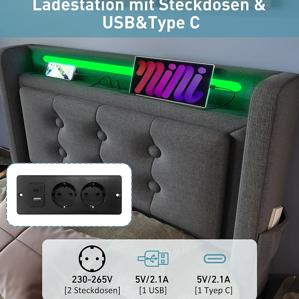 Lit Coffre 90 x 200 Cm - Lit Simple avec Tête de Lit LED et Charge USB C - Bois, Coton, Métal - Sans Matelas - Gris>Okwish