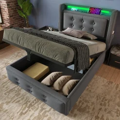 Lit Coffre 90 x 200 Cm - Lit Simple avec Tête de Lit LED et Charge USB C - Bois, Coton, Métal - Sans Matelas - Gris><noscript><img width=