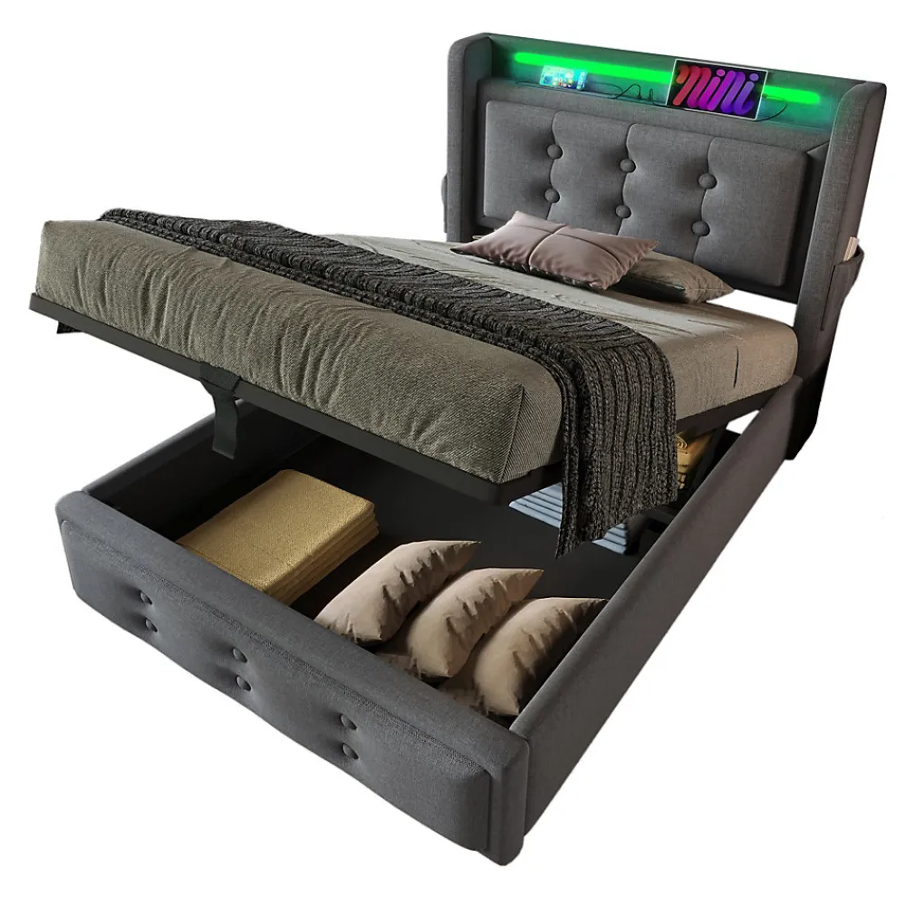 Lit Coffre 90 x 200 Cm - Lit Simple avec Tête de Lit LED et Charge USB C - Bois, Coton, Métal - Sans Matelas - Gris>Okwish