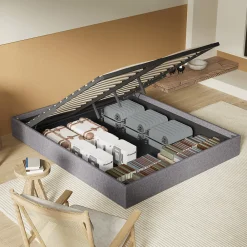 Lit Coffre 120 x 190 cm - Sommier à lattes en bois - Cadre en tissu gris><noscript><img width=