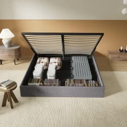 Lit Coffre 120 x 190 cm - Sommier à lattes en bois - Cadre en tissu gris><noscript><img width=