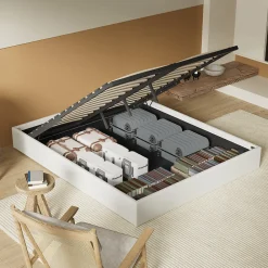 Lit Coffre 140 x 200 cm - Sommier à lattes en bois - Cadre en tissu blanc><noscript><img width=