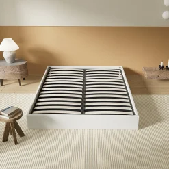 Lit Coffre 140 x 200 cm - Sommier à lattes en bois - Cadre en tissu blanc><noscript><img width=