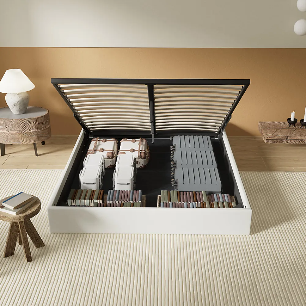 Lit Coffre 140 x 200 cm - Sommier à lattes en bois - Cadre en tissu blanc>November New