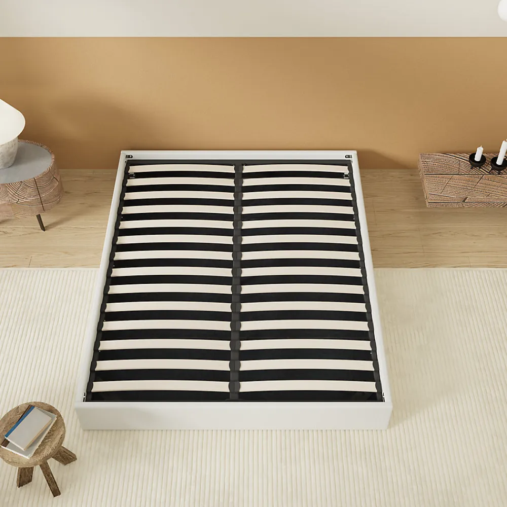 Lit Coffre 140 x 200 cm - Sommier à lattes en bois - Cadre en tissu blanc>November New