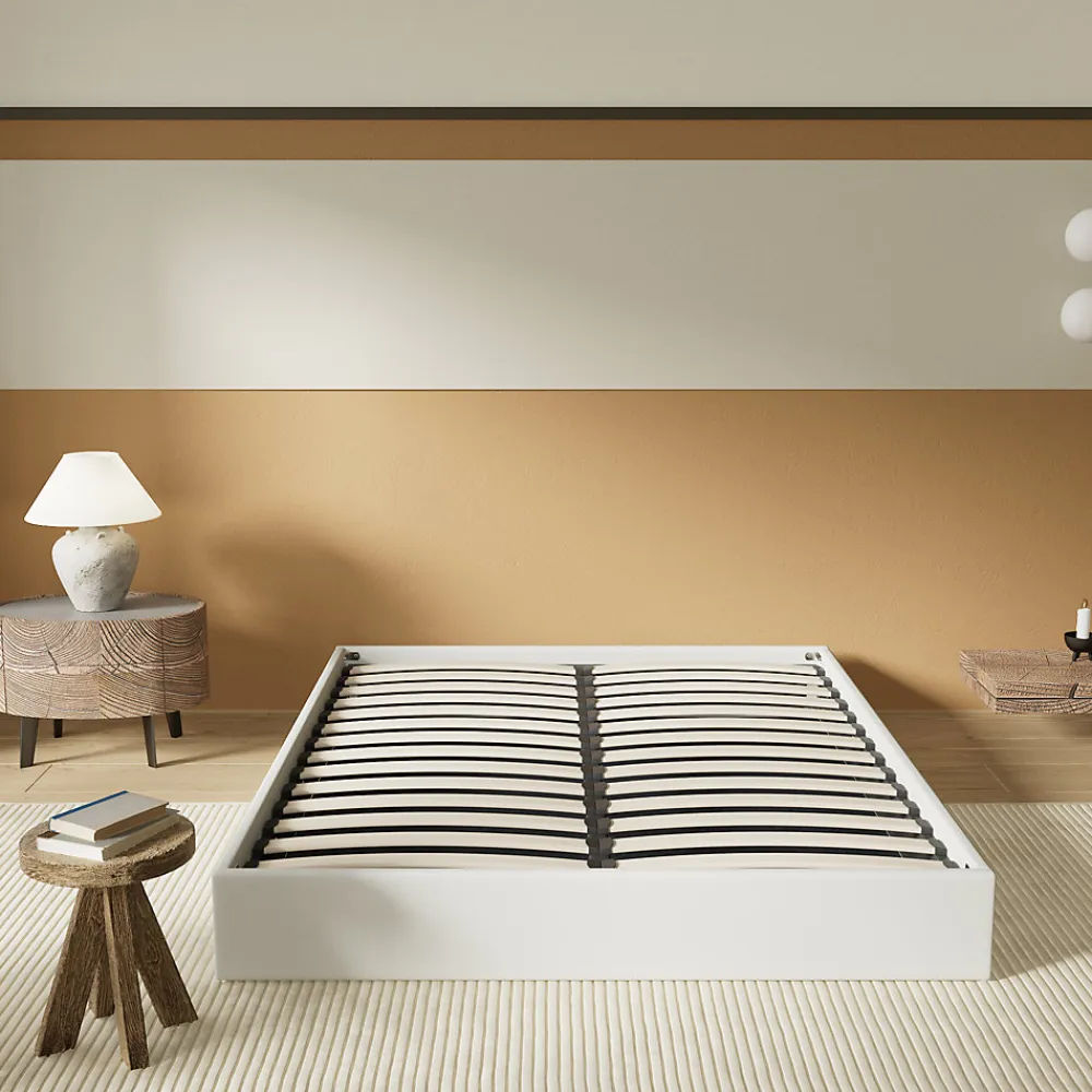 Lit Coffre 140 x 200 cm - Sommier à lattes en bois - Cadre en tissu blanc>November New