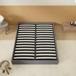 Lit Coffre 140 x 200 cm - Sommier à lattes en bois - Cadre en tissu gris><noscript><img width=