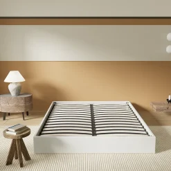 November Lit Coffre 140 x 190 cm - Sommier à lattes en bois - Cadre en tissu blanc* Lit Coffre