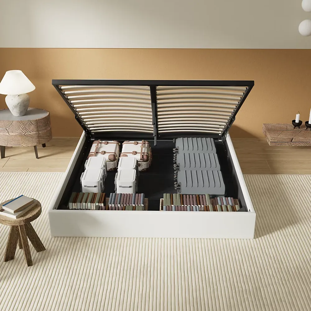 November Lit Coffre 140 x 190 cm - Sommier à lattes en bois - Cadre en tissu blanc* Lit Coffre