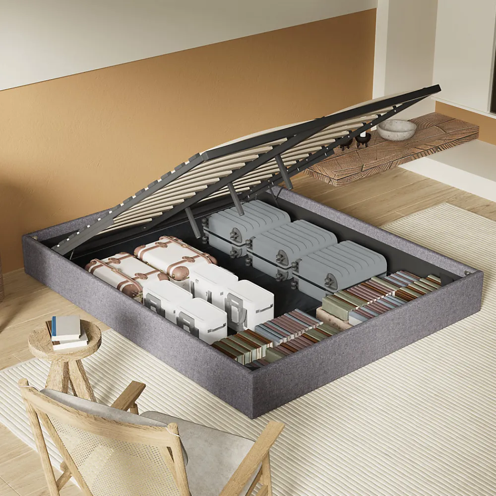 Lit Coffre 160 x 200 cm - Sommier à lattes en bois - Cadre en tissu gris>November Outlet